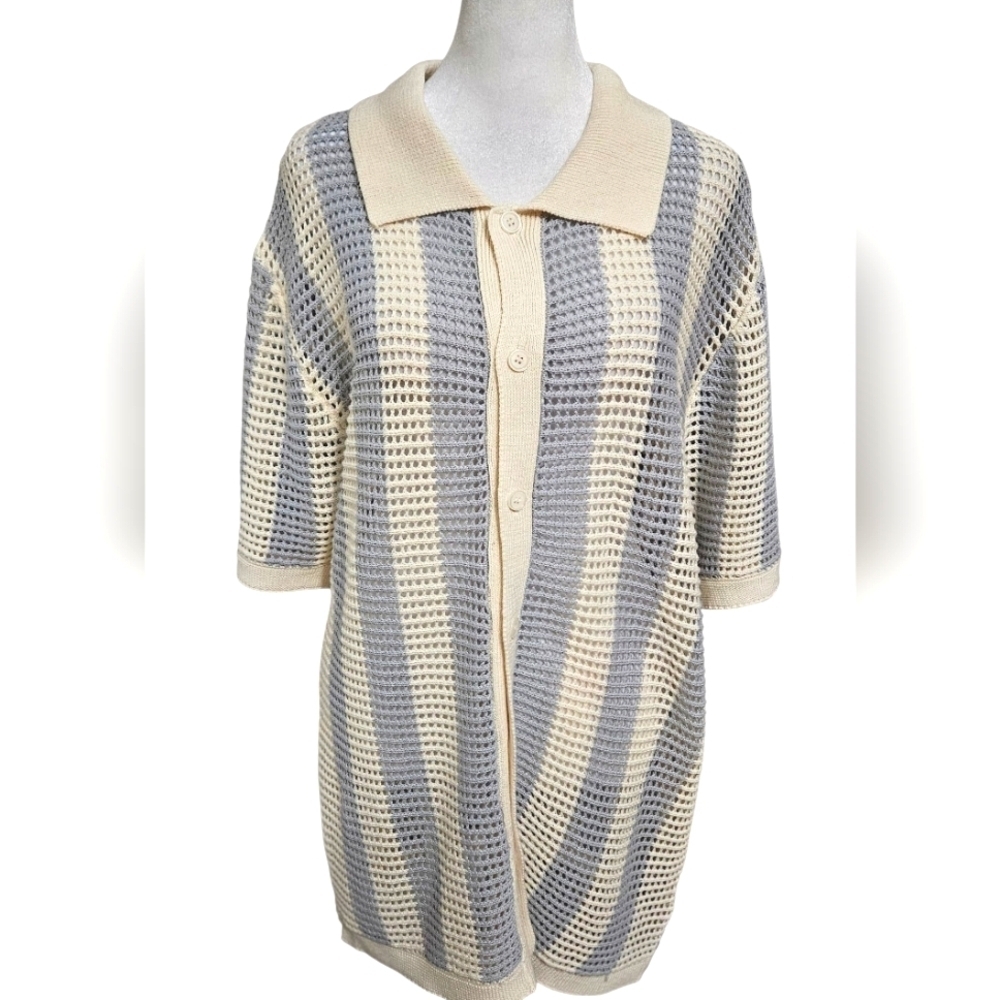 MASSIVE LUXURY Crochet OpenKnit ShortSleeve Button Shirt.Blue/cream Stripe L NWT